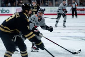 Forward, Cameron Mitchell, during a hockey match at Baxter Arena on Saturday, December 14, 2024, in Omaha, Nebraska. Photo by Collin Stilen.