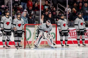 Goalkeeper Kevin Reidler ready for the match during a hockey match at Baxter Arena on Saturday, December 14, 2024, in Omaha, Nebraska. Photo by Collin Stilen.