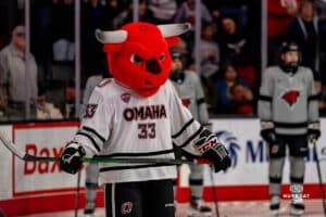 Omaha Maverick's mascot, Durango, on the ice supporting the team during a hockey match at Baxter Arena on Saturday, December 14, 2024, in Omaha, Nebraska. Photo by Collin Stilen.