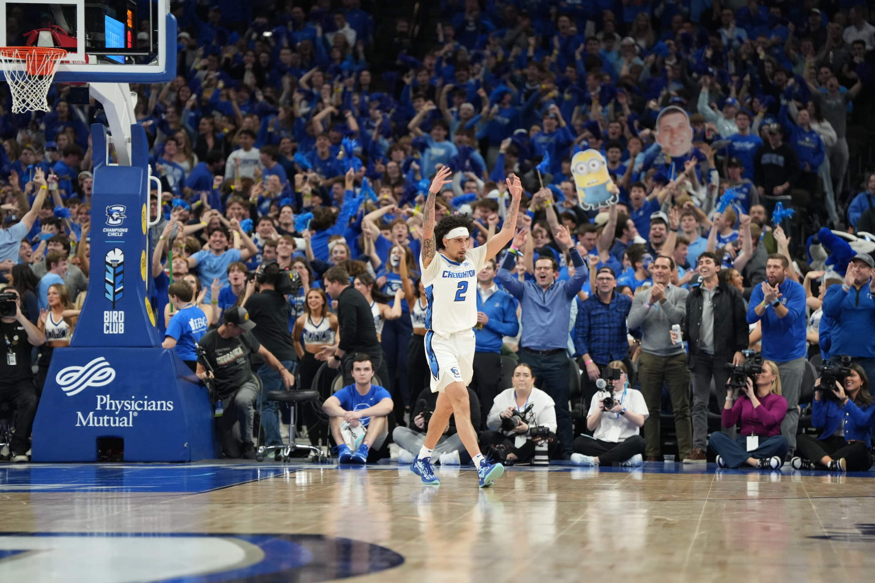 Creighton guard Pop Isaacs pumps up the crowd late in the Bluejays' win over No. 1 Kansas. Photo by Brandon Tiedemann.