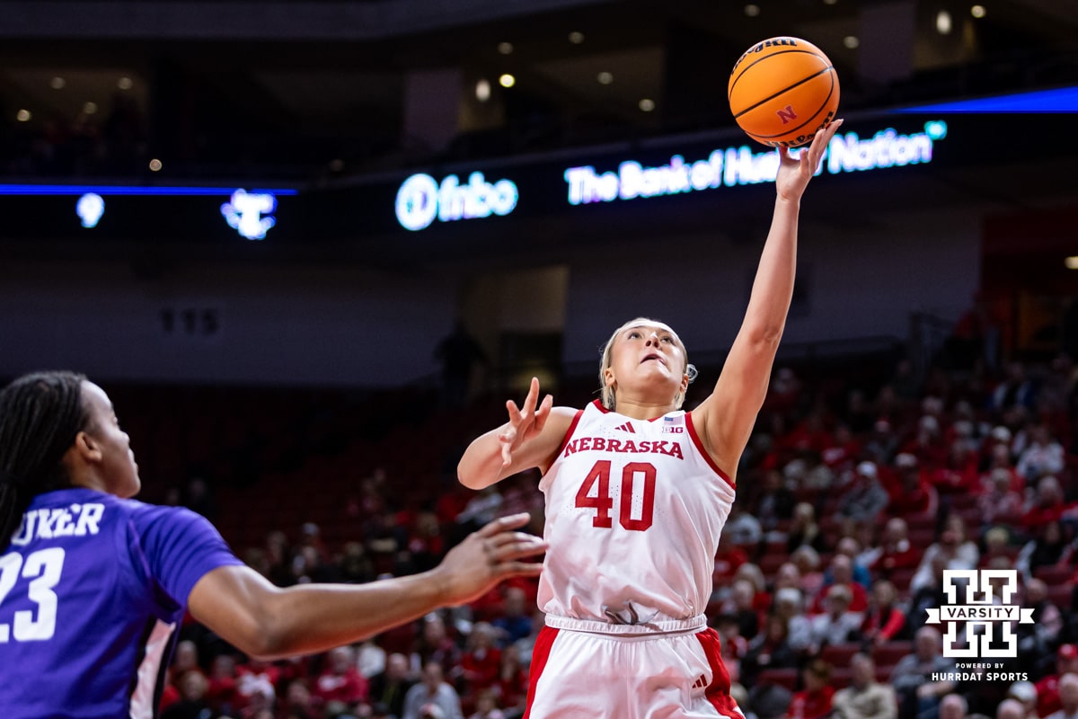 Nebraska Cornhuskers Alexis Markowski (40) makes a lay up against Tarleton State Texans Alani Fluker (23) in the second half during a women’s college basketball game Wednesday, December 11, 2024, in Lincoln, Nebraska. Photo by John S. Peterson.