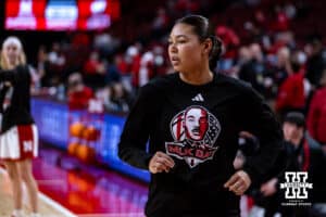 Nebraska Cornhuskers guard Amiah Hargrove (33) wearing a t-shirt for warm-ups commemorating Martin Luther King Jr. Day against the Wisconsin Badgers during a college basketball game, Monday, January 20, 2025, in Lincoln, Nebraska. Photo by John S. Peterson.