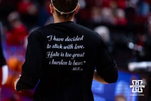 Nebraska Cornhuskers guard Callin Hake (14) wearing a t-shirt commemorating Martin Luther King Jr. with a quote on the back against the Wisconsin Badgers during a college basketball game, Monday, January 20, 2025, in Lincoln, Nebraska. Photo by John S. Peterson.