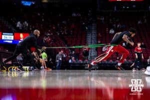 Nebraska Cornhuskers guard Brice Williams (3) warms up before taking on USC Trojans during a college basketball game, Wednesday, January 22, 2025, in Lincoln, Nebraska. Photo by John S. Peterson.