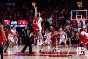 Nebraska Cornhuskers center Braxton Meah (34) gets the tip against Rutgers Scarlet Knights guard Ace Bailey (4) during a college basketball game, Thursday, January 16, 2025, in Lincoln, Nebraska. Photo by John S. Peterson.