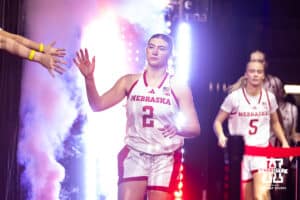 Nebraska Cornhuskers guard Logan Nissley (2) running out to take on the Wisconsin Badgers during a college basketball game, Monday, January 20, 2025, in Lincoln, Nebraska. Photo by John S. Peterson.