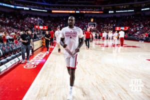 Nebraska Cornhuskers forward Juwan Gary (4) heads to the lockerroom after warming up to take on USC Trojans during a college basketball game, Wednesday, January 22, 2025, in Lincoln, Nebraska. Photo by John S. Peterson.