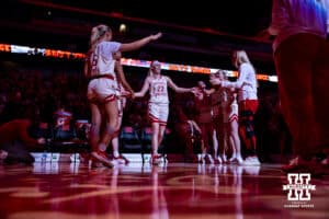 Nebraska Cornhuskers guard Britt Prince (23) introduced to the fans before taking on the Penn State Nittany Lions during women’s college basketball game, Sunday, January 5, 2025, in Lincoln, Nebraska. Photo by John S. Peterson.