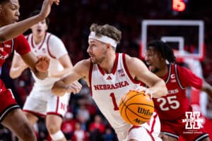 Nebraska Cornhuskers guard Sam Hoiberg (1) dribbles the ball to the basket against the Rutgers Scarlet Knights in the first half during a college basketball game, Thursday, January 16, 2025, in Lincoln, Nebraska. Photo by John S. Peterson.