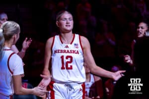 Nebraska Cornhuskers forward Jessica Petrie (12) introduced to the crowd against the Wisconsin Badgers during a college basketball game, Monday, January 20, 2025, in Lincoln, Nebraska. Photo by John S. Peterson.