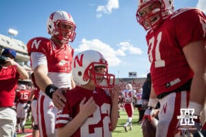 Nebraska Cornhuskers Jack Hoffman, Taylor Martinez (3), and C.J. Zimmerer (31) celebrating Jack's touchdown during the Red-White spring game Saturday, April 6, 2013 in Memorial Stadium. Photo by John S. Peterson.