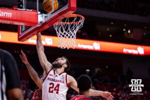 Nebraska Cornhuskers guard Rollie Worster (24) drives to the basket against the Rutgers Scarlet Knights in the first half during a college basketball game, Thursday, January 16, 2025, in Lincoln, Nebraska. Photo by John S. Peterson.