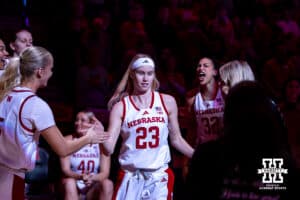 Nebraska Cornhuskers guard Britt Prince (23) introduced before taking on the Wisconsin Badgers during a college basketball game, Monday, January 20, 2025, in Lincoln, Nebraska. Photo by John S. Peterson.