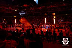 Nebraska and USC line-ups are introduced during a college basketball game, Wednesday, January 22, 2025, in Lincoln, Nebraska. Photo by John S. Peterson.