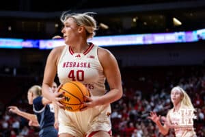 Nebraska Cornhuskers center Alexis Markowski (40) grabs the rebound against the Penn State Nittany Lions in the first quarter during women’s college basketball game, Sunday, January 5, 2025, in Lincoln, Nebraska. Photo by John S. Peterson.