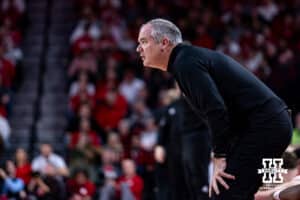 Rutgers Scarlet Knights head coach Steve Pikiell watching the action on the court against the Nebraska Cornhuskers in the first half during a college basketball game, Thursday, January 16, 2025, in Lincoln, Nebraska. Photo by John S. Peterson.