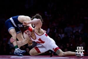 Nebraska's Lenny Pinto shoots for a leg against Penn State's Levi Haines at 174lbs during a college wrestling match, Friday, January 17, 2025, in Lincoln, Nebraska. Photo by John S. Peterson.