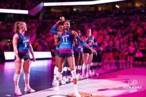 Omaha Supernovas Kelsie Payne (11) throws a mini-volleyball out to the fans when introduced before taking on the San Diego Mojo during a professional volleyball match, Sunday, January 19, 2025, in Omaha, Nebraska. Photo by John S. Peterson.