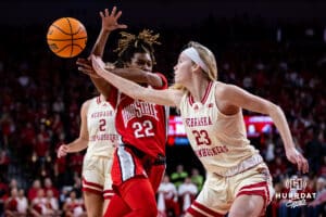 Nebraska Cornhuskers guard Britt Prince (23) knocks the ball away from Ohio State Buckeyes guard Jaloni Cambridge (22) in the first half during a college basketball game, Sunday, January 26, 2025, in Lincoln, Nebraska. Photo by John S. Peterson.