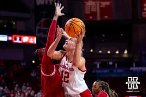 Nebraska Cornhuskers forward Jessica Petrie (12) makes a lay up against the Wisconsin Badgers during a college basketball game, Monday, January 20, 2025, in Lincoln, Nebraska. Photo by John S. Peterson.