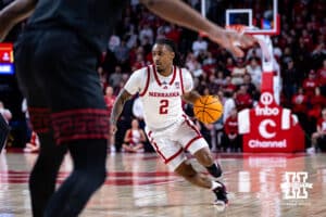 Nebraska Cornhuskers guard Ahron Ulis (2) dribbles the ball against the USC Trojans in the first half during a college basketball game, Wednesday, January 22, 2025, in Lincoln, Nebraska. Photo by John S. Peterson.