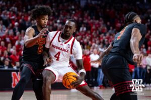 Nebraska Cornhuskers forward Juwan Gary (4) drives to the basket against USC Trojans guard Wesley Yates III (6) in the first half during a college basketball game, Wednesday, January 22, 2025, in Lincoln, Nebraska. Photo by John S. Peterson.