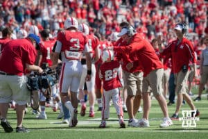 Nebraska Cornhusker head coach Bo Pelini gives Jack Hoffman (22) a pat on the head after scoring a touchdown during the Red-White spring game Saturday, April 6, 2013 in Memorial Stadium. Photo by John S. Peterson.