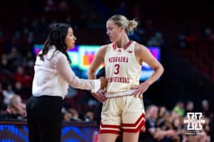 Nebraska Cornhuskers head coach Amy Williams talks with guard Allison Weidner (3) in the first quarter during women’s college basketball game, Sunday, January 5, 2025, in Lincoln, Nebraska. Photo by John S. Peterson.