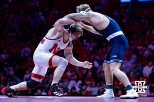 Nebraska's Camden McDanel shoots for a leg against Penn State's Josh Barr at 197lbs during a college wrestling match, Friday, January 17, 2025, in Lincoln, Nebraska. Photo by John S. Peterson.