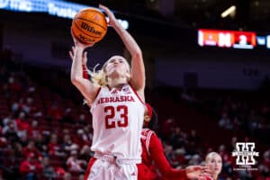 Nebraska Cornhuskers guard Britt Prince (23) makes a lay up against the Wisconsin Badgers during a college basketball game, Monday, January 20, 2025, in Lincoln, Nebraska. Photo by John S. Peterson.