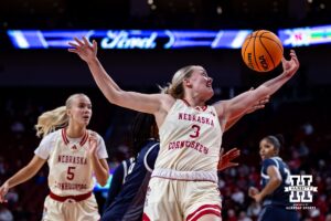 Nebraska Cornhuskers guard Allison Weidner (3) reaches for the rebound against Penn State Nittany Lions guard Gabby Elliott (0) in the first quarter during women’s college basketball game, Sunday, January 5, 2025, in Lincoln, Nebraska. Photo by John S. Peterson.