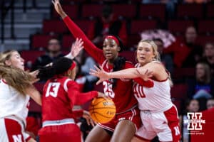 Nebraska Cornhuskers center Alexis Markowski (40) guarding Wisconsin Badgers forward Serah Williams (25) in the first half during a college basketball game, Monday, January 20, 2025, in Lincoln, Nebraska. Photo by John S. Peterson.