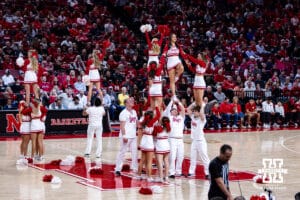 Nebraska Cornhuskers cheer squad performs at a break in the action against the Rutgers Scarlet Knights during a college basketball game, Thursday, January 16, 2025, in Lincoln, Nebraska. Photo by John S. Peterson.