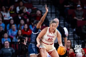 Nebraska Cornhuskers center Alexis Markowski (40) drives to the basket against the Penn State Nittany Lions during women’s college basketball game, Sunday, January 5, 2025, in Lincoln, Nebraska. Photo by John S. Peterson.