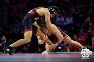 #6 Nebraska Cornhusker Silas Allred defends against #4 Minnesota Golden Gopher Max McEnelly during a college wrestling match, Saturday, January 11, 2025, in Lincoln, Nebraska. McEnelly defeats Allred 16-6. Photo by John S. Peterson.