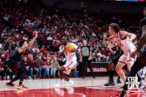 Nebraska Cornhuskers forward Juwan Gary (4) drives to the basket against the USC Trojans in the first half during a college basketball game, Wednesday, January 22, 2025, in Lincoln, Nebraska. Photo by John S. Peterson.