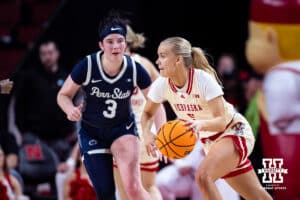 Nebraska Cornhuskers guard Alberte Rimdal (5) dribbles the ball against Penn State Nittany Lions guard Moriah Murray (3) in the second quarter during women’s college basketball game, Sunday, January 5, 2025, in Lincoln, Nebraska. Photo by John S. Peterson.