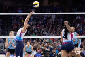 Omaha Supernovas setter Natalia Valentin-Anderson (1) sets the ball for middle blocker Kayla Caffey (28) in the first set during a professional volleyball match, Friday, January 10, 2025, in Omaha, Nebraska. Photo by John S. Peterson.