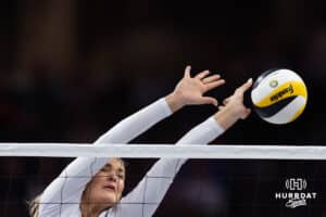 San Diego Mojo Leyla Blackwell (26) blocks the ball against the Omaha Supernovas during a professional volleyball match, Sunday, January 19, 2025, in Omaha, Nebraska. Photo by John S. Peterson.