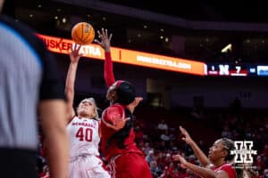 Nebraska Cornhuskers center Alexis Markowski (40) makes a lay up against the Wisconsin Badgersin the first half during a college basketball game, Monday, January 20, 2025, in Lincoln, Nebraska. Photo by John S. Peterson.