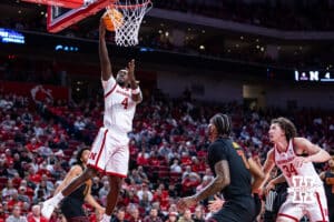 Nebraska Cornhuskers forward Juwan Gary (4) makes a layup against USC Trojans in the first half during a college basketball game, Wednesday, January 22, 2025, in Lincoln, Nebraska. Photo by John S. Peterson.