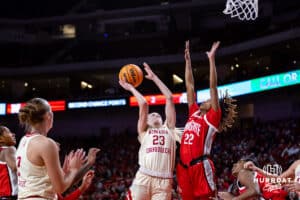 Nebraska Cornhuskers guard Britt Prince (23) makes a basket against Ohio State Buckeyes guard Jaloni Cambridge (22) in the third quarter during a college basketball game, Sunday, January 26, 2025, in Lincoln, Nebraska. Photo by John S. Peterson.