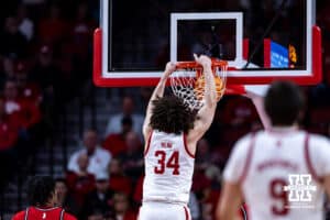 Nebraska Cornhuskers center Braxton Meah (34) makes a dunk against the Rutgers Scarlet Knights in the second half during a college basketball game, Thursday, January 16, 2025, in Lincoln, Nebraska. Photo by John S. Peterson.