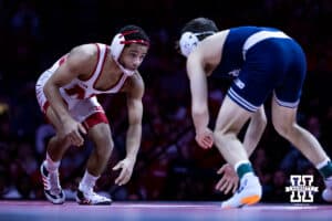 Nebraska's Caleb Smit takes on Penn State's Luke Lilledahl at 125lbs during a college wrestling match, Friday, January 17, 2025, in Lincoln, Nebraska. Photo by John S. Peterson.