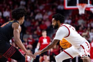 Nebraska Cornhuskers guard Brice Williams (3) dribbles the ball against USC Trojans guard Wesley Yates III (6) in the first half during a college basketball game, Wednesday, January 22, 2025, in Lincoln, Nebraska. Photo by John S. Peterson.