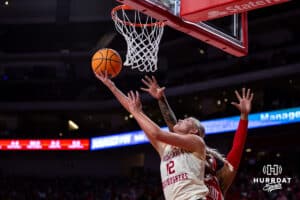 Nebraska Cornhuskers forward Jessica Petrie (12) makes layup against the Ohio State Buckeyes in the third quarter during a college basketball game, Sunday, January 26, 2025, in Lincoln, Nebraska. Photo by John S. Peterson.