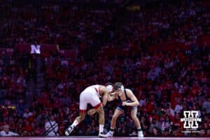 Nebraska's Caleb Smit ties up with Penn State's Luke Lilledahl at 125lbs during a college wrestling match, Friday, January 17, 2025, in Lincoln, Nebraska. Photo by John S. Peterson