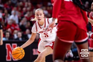 Nebraska Cornhuskers guard Alberte Rimdal (5) drives to the basket against the Wisconsin Badgers during a college basketball game, Monday, January 20, 2025, in Lincoln, Nebraska. Photo by John S. Peterson.