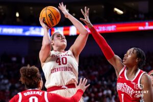 Nebraska Cornhuskers center Alexis Markowski (40) makes a jumpshot against Ohio State Buckeyes forward Ajae Petty (1) in the third quarter during a college basketball game, Sunday, January 26, 2025, in Lincoln, Nebraska. Photo by John S. Peterson.