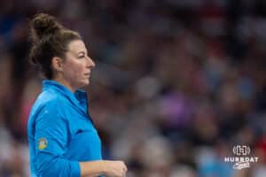 Omaha Supernovas head coach Laura "Bird" Kuhn watches the action on the court against the Atlanta Vibe during a professional volleyball match, Friday, January 10, 2025, in Omaha, Nebraska. Photo by John S. Peterson.